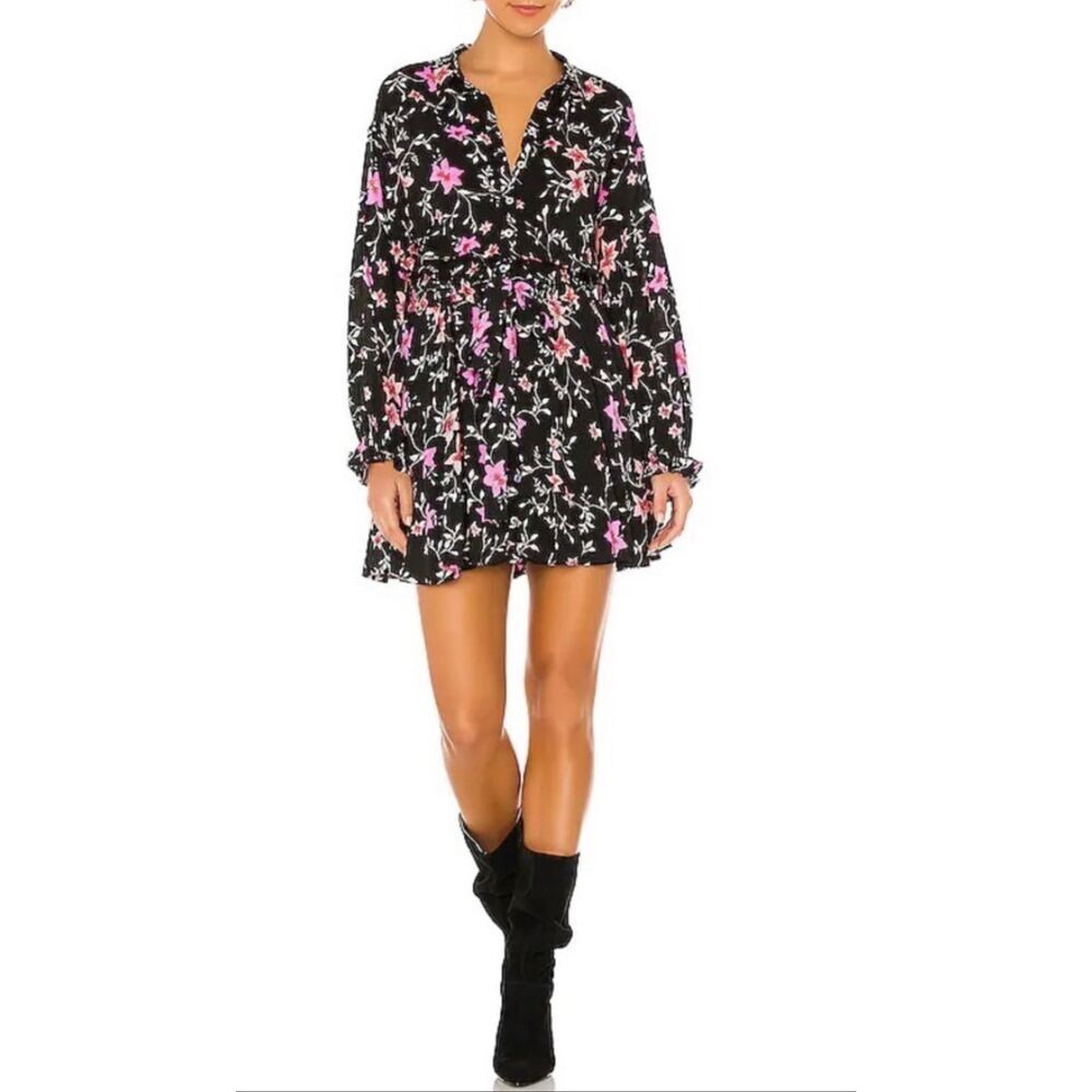 NWOT Free People Lighten Up Black & Pink Floral Tea Combo Mini Dress Women's L